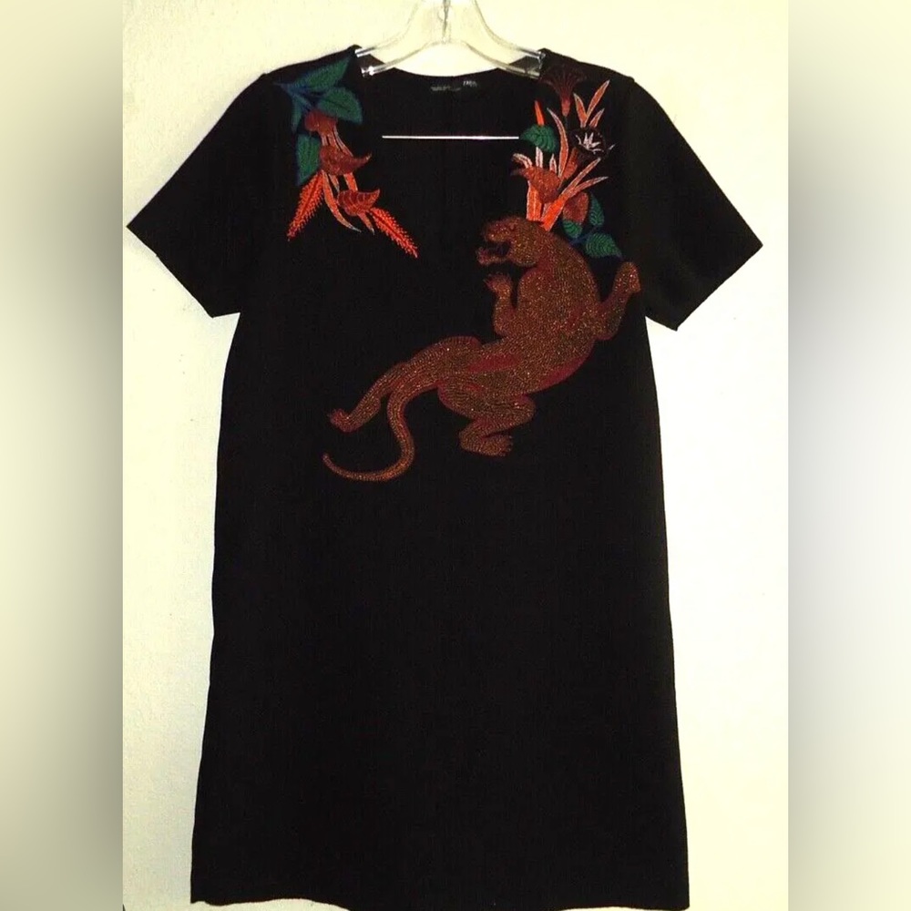 Zara Black PantherJaquar Embroidered Dress Size XL